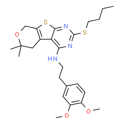 ChemSpider 2D Image | 2-(Butylsulfanyl)-N-[2-(3,4-dimethoxyphenyl)ethyl]-6,6-dimethyl-5,8-dihydro-6H-pyrano[4',3':4,5]thieno[2,3-d]pyrimidin-4-amine | C25H33N3O3S2