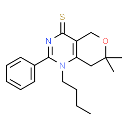 ChemSpider 2D Image | 1-Butyl-7,7-dimethyl-2-phenyl-1,5,7,8-tetrahydro-4H-pyrano[4,3-d]pyrimidine-4-thione | C19H24N2OS