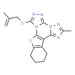 ChemSpider 2D Image | 2-Methyl-7-[(2-methyl-2-propen-1-yl)sulfanyl]-10,11,12,13-tetrahydro[1]benzothieno[3,2-e]bis[1,2,4]triazolo[4,3-a:1',5'-c]pyrimidine | C17H18N6S2