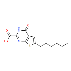 ChemSpider 2D Image | 6-Hexyl-4-hydroxythieno[2,3-d]pyrimidine-2-carboxylic acid | C13H16N2O3S