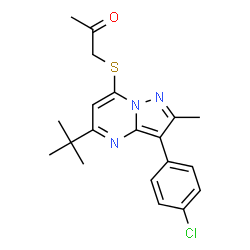 ChemSpider 2D Image | 1-{[5-tert-Butyl-3-(4-chlorophenyl)-2-methylpyrazolo[1,5-a]pyrimidin-7-yl]sulfanyl}acetone | C20H22ClN3OS