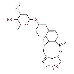 ChemSpider 2D Image | 2a,12a-Dimethyl-6-oxo-2a,4,4a,6a,7,9,10,11,12,12a,12b,13,14,14b-tetradecahydro-6H-2,3,5-trioxapentaleno[1',6':5,6,7]cyclonona[1,2-a]naphthalen-10-yl 2,6-dideoxy-3-O-methylhexopyranoside | C28H40O8