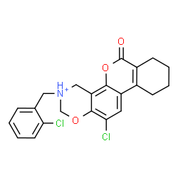 ChemSpider 2D Image | 12-Chloro-3-(2-chlorobenzyl)-6-oxo-3,4,7,8,9,10-hexahydro-2H,6H-benzo[3,4]chromeno[8,7-e][1,3]oxazin-3-ium | C22H20Cl2NO3