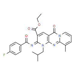 ChemSpider 2D Image | Ethyl (2E)-2-[(4-fluorobenzoyl)imino]-1-isobutyl-10-methyl-5-oxo-1,5-dihydro-2H-dipyrido[1,2-a:2',3'-d]pyrimidine-3-carboxylate | C26H25FN4O4