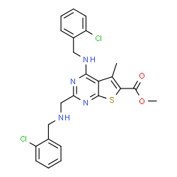 ChemSpider 2D Image | Methyl 4-[(2-chlorobenzyl)amino]-2-{[(2-chlorobenzyl)amino]methyl}-5-methylthieno[2,3-d]pyrimidine-6-carboxylate | C24H22Cl2N4O2S
