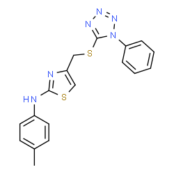 ChemSpider 2D Image | N-(4-Methylphenyl)-4-{[(1-phenyl-1H-tetrazol-5-yl)sulfanyl]methyl}-1,3-thiazol-2-amine | C18H16N6S2