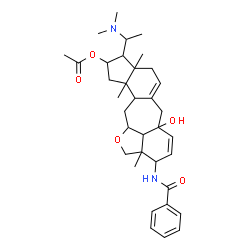 ChemSpider 2D Image | 3-(Benzoylamino)-9-[1-(dimethylamino)ethyl]-5a-hydroxy-2a,8a,11a-trimethyl-2a,3,5a,6,8,8a,9,10,11,11a,11b,12,12a,12b-tetradecahydro-2H-1-oxabenzo[cd]indeno[5,4-g]azulen-10-yl acetate | C35H48N2O5