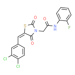 ChemSpider 2D Image | 2-[(5E)-5-(3,4-Dichlorobenzylidene)-2,4-dioxo-1,3-thiazolidin-3-yl]-N-(2-fluorophenyl)acetamide | C18H11Cl2FN2O3S