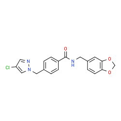ChemSpider 2D Image | N-(1,3-Benzodioxol-5-ylmethyl)-4-[(4-chloro-1H-pyrazol-1-yl)methyl]benzamide | C19H16ClN3O3