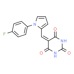 ChemSpider 2D Image | 5-{[1-(4-Fluorophenyl)-1H-pyrrol-2-yl]methylene}-2,4,6(1H,3H,5H)-pyrimidinetrione | C15H10FN3O3