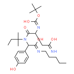 ChemSpider 2D Image | 2-Methyl-2-propanyl (4-amino-1-{[1-(4-hydroxyphenyl)-2-oxo-2-(pentylamino)ethyl](2-methyl-2-butanyl)amino}-1,4-dioxo-2-butanyl)carbamate | C27H44N4O6
