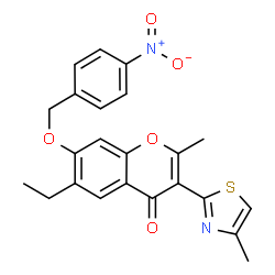 ChemSpider 2D Image | 6-Ethyl-2-methyl-3-(4-methyl-1,3-thiazol-2-yl)-7-[(4-nitrobenzyl)oxy]-4H-chromen-4-one | C23H20N2O5S