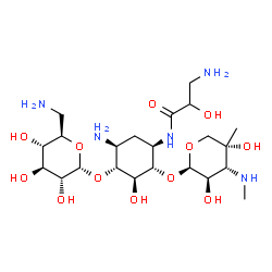 ChemSpider 2D Image | 3-Amino-N-[(1R,2S,3S,4R,5S)-5-amino-4-[(6-amino-6-deoxy-alpha-D-glucopyranosyl)oxy]-2-{[3-deoxy-4-C-methyl-3-(methylamino)-beta-L-arabinopyranosyl]oxy}-3-hydroxycyclohexyl]-2-hydroxypropanamide | C22H43N5O12