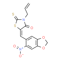 ChemSpider 2D Image | (5E)-3-Allyl-5-[(6-nitro-1,3-benzodioxol-5-yl)methylene]-2-thioxo-1,3-thiazolidin-4-one | C14H10N2O5S2
