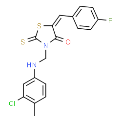 ChemSpider 2D Image | (5E)-3-{[(3-Chloro-4-methylphenyl)amino]methyl}-5-(4-fluorobenzylidene)-2-thioxo-1,3-thiazolidin-4-one | C18H14ClFN2OS2