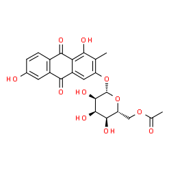 ChemSpider 2D Image | 4,7-Dihydroxy-3-methyl-9,10-dioxo-9,10-dihydro-2-anthracenyl 6-O-acetyl-beta-D-allopyranoside | C23H22O11