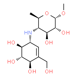 ChemSpider 2D Image | Methyl 4,6-dideoxy-4-{[(1R,4R,5S,6S)-4,5,6-trihydroxy-3-(hydroxymethyl)-2-cyclohexen-1-yl]amino}-alpha-D-glucopyranoside | C14H25NO8