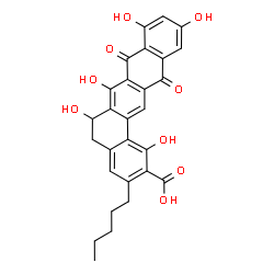 ChemSpider 2D Image | 1,6,7,9,11-Pentahydroxy-8,13-dioxo-3-pentyl-5,6,8,13-tetrahydrobenzo[a]tetracene-2-carboxylic acid | C28H24O9