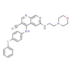 ChemSpider 2D Image | 6-{[2-(4-Morpholinyl)ethyl]amino}-4-{[4-(phenylsulfanyl)phenyl]amino}-1,7-naphthyridine-3-carbonitrile | C27H26N6OS