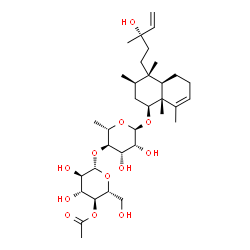 ChemSpider 2D Image | (1S,3R,4S,4aR,8aR)-4-[(3S)-3-Hydroxy-3-methyl-4-penten-1-yl]-3,4,8,8a-tetramethyl-1,2,3,4,4a,5,6,8a-octahydro-1-naphthalenyl 4-O-(4-O-acetyl-beta-D-glucopyranosyl)-6-deoxy-alpha-L-mannopyranoside | C34H56O12