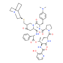 ChemSpider 2D Image | N-{(6R,9S,10R,13S,15aS,22S,24aS)-18-{[(3R)-1-Azabicyclo[2.2.2]oct-3-ylsulfanyl]methyl}-22-[4-(dimethylamino)benzyl]-6-ethyl-10,23-dimethyl-5,8,12,15,17,21,24-heptaoxo-13-phenyldocosahydro-12H-pyrido[2
,1-f]pyrrolo[2,1-l][1,4,7,10,13,16]oxapentaazacyclononadecin-9-yl}-3-hydroxy-2-pyridinecarboxamide | C53H67N9O10S