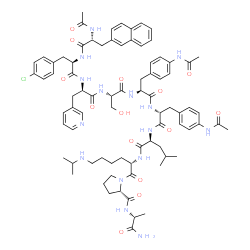 ChemSpider 2D Image | N-Acetyl-3-(2-naphthyl)-D-alanyl-4-chloro-D-phenylalanyl-3-(3-pyridinyl)-D-alanyl-L-seryl-4-acetamido-L-phenylalanyl-4-acetamido-D-phenylalanyl-L-leucyl-N~6~-isopropyl-L-lysyl-L-prolyl-D-alaninamide | C80H102ClN15O14