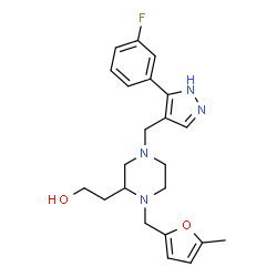 ChemSpider 2D Image | 2-(4-{[5-(3-Fluorophenyl)-1H-pyrazol-4-yl]methyl}-1-[(5-methyl-2-furyl)methyl]-2-piperazinyl)ethanol | C22H27FN4O2