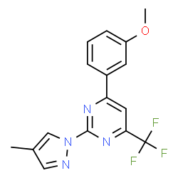ChemSpider 2D Image | 4-(3-Methoxyphenyl)-2-(4-methyl-1H-pyrazol-1-yl)-6-(trifluoromethyl)pyrimidine | C16H13F3N4O