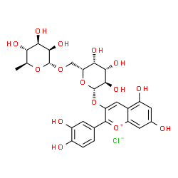 ChemSpider 2D Image | 2-(3,4-Dihydroxyphenyl)-5,7-dihydroxy-3-chromeniumyl 6-O-(6-deoxy-alpha-L-mannopyranosyl)-beta-D-galactopyranoside chloride | C27H31ClO15