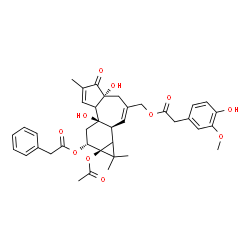 ChemSpider 2D Image | [(1bS,4aR,7bR,9R,9aS)-9a-Acetoxy-4a,7b-dihydroxy-1,1,6-trimethyl-5-oxo-9-(2-phenylacetoxy)-1a,1b,4,4a,5,7a,7b,8,9,9a-decahydro-1H-cyclopropa[3,4]benzo[1,2-e]azulen-3-yl]methyl (4-hydroxy-3-methoxyphen
yl)acetate | C38H42O11