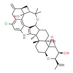 ChemSpider 2D Image | (2R,3S,3aR,4aS,4bS,7S,7dR,8S,9aR,14bS,14cR,16aS)-12-Chloro-2-isopropenyl-14b,14c,17,17-tetramethyl-10-methylene-3,3a,6,6a,7,8,9,9a,10,11,14,14b,14c,15,16,16a-hexadecahydro-2H,4bH-7,8-(epoxymethano)cyc
lobuta[5,6]benzo[1,2-e]oxireno[4',4a']chromeno[5',6':6,7]indeno[1,2-b]indole-3,4b,7d(5H)-triol | C37H44ClNO6