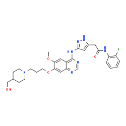 ChemSpider 2D Image | N-(2-Fluorophenyl)-2-{3-[(7-{3-[4-(hydroxymethyl)-1-piperidinyl]propoxy}-6-methoxy-4-quinazolinyl)amino]-1H-pyrazol-5-yl}acetamide | C29H34FN7O4