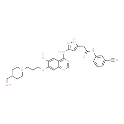 ChemSpider 2D Image | N-(3-Cyanophenyl)-2-{3-[(7-{3-[4-(hydroxymethyl)-1-piperidinyl]propoxy}-6-methoxy-4-quinazolinyl)amino]-1H-pyrazol-5-yl}acetamide | C30H34N8O4