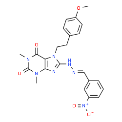 ChemSpider 2D Image | 7-[2-(4-Methoxyphenyl)ethyl]-1,3-dimethyl-8-[(2E)-2-(3-nitrobenzylidene)hydrazino]-3,7-dihydro-1H-purine-2,6-dione | C23H23N7O5