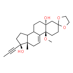 ChemSpider 2D Image | (5R,10S,13S,17S)-10-Methoxy-13-methyl-17-(1-propyn-1-yl)-1,2,6,7,8,10,12,13,14,15,16,17-dodecahydrospiro[cyclopenta[a]phenanthrene-3,2'-[1,3]dioxolane]-5,17(4H)-diol | C24H34O5