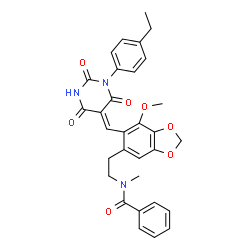 ChemSpider 2D Image | N-[2-(6-{(Z)-[1-(4-Ethylphenyl)-2,4,6-trioxotetrahydro-5(2H)-pyrimidinylidene]methyl}-7-methoxy-1,3-benzodioxol-5-yl)ethyl]-N-methylbenzamide | C31H29N3O7
