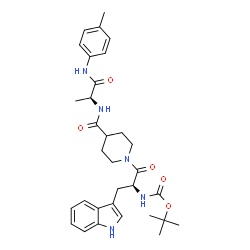 ChemSpider 2D Image | 2-Methyl-2-propanyl {(2S)-3-(1H-indol-3-yl)-1-[4-({(2S)-1-[(4-methylphenyl)amino]-1-oxo-2-propanyl}carbamoyl)-1-piperidinyl]-1-oxo-2-propanyl}carbamate | C32H41N5O5