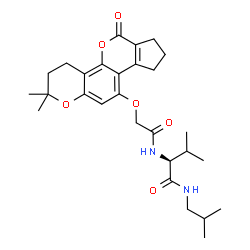 ChemSpider 2D Image | N~2~-{[(2,2-Dimethyl-6-oxo-3,4,6,7,8,9-hexahydro-2H-cyclopenta[c]pyrano[2,3-h]chromen-10-yl)oxy]acetyl}-N-isobutyl-L-valinamide | C28H38N2O6