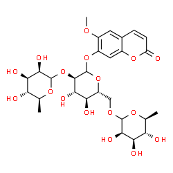 ChemSpider 2D Image | 6-Methoxy-2-oxo-2H-chromen-7-yl 6-deoxy-L-mannopyranosyl-(1->2)-[6-deoxy-L-mannopyranosyl-(1->6)]-D-glucopyranoside | C28H38O17