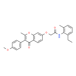 ChemSpider 2D Image | N-(2-Ethyl-6-methylphenyl)-2-{[3-(4-methoxyphenyl)-2-methyl-4-oxo-4H-chromen-7-yl]oxy}acetamide | C28H27NO5