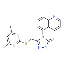 ChemSpider 2D Image | 5-{[(4,6-Dimethyl-2-pyrimidinyl)sulfanyl]methyl}-4-(5-quinolinyl)-2,4-dihydro-3H-1,2,4-triazole-3-thione | C18H16N6S2