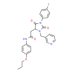 ChemSpider 2D Image | 2-[1-(4-Fluorophenyl)-2,5-dioxo-3-(3-pyridinylmethyl)-4-imidazolidinyl]-N-(4-propoxyphenyl)acetamide | C26H25FN4O4
