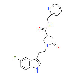 ChemSpider 2D Image | 1-[2-(5-Fluoro-1H-indol-3-yl)ethyl]-5-oxo-N-(2-pyridinylmethyl)-3-pyrrolidinecarboxamide | C21H21FN4O2