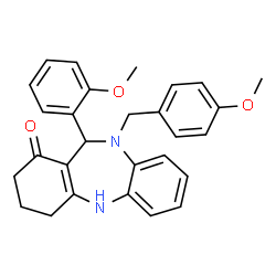 ChemSpider 2D Image | 10-(4-Methoxybenzyl)-11-(2-methoxyphenyl)-2,3,4,5,10,11-hexahydro-1H-dibenzo[b,e][1,4]diazepin-1-one | C28H28N2O3