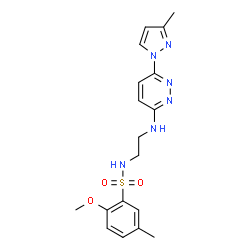 ChemSpider 2D Image | 2-Methoxy-5-methyl-N-(2-{[6-(3-methyl-1H-pyrazol-1-yl)-3-pyridazinyl]amino}ethyl)benzenesulfonamide | C18H22N6O3S