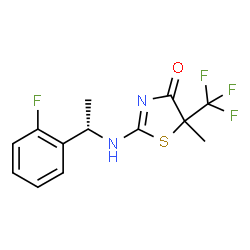 ChemSpider 2D Image | 2-{[(1S)-1-(2-Fluorophenyl)ethyl]amino}-5-methyl-5-(trifluoromethyl)-1,3-thiazol-4(5H)-one | C13H12F4N2OS