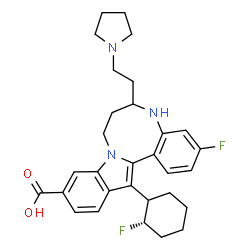 ChemSpider 2D Image | 3-Fluoro-14-[(2S)-2-fluorocyclohexyl]-6-[2-(1-pyrrolidinyl)ethyl]-5,6,7,8-tetrahydroindolo[1,2-e][1,5]benzodiazocine-11-carboxylic acid | C30H35F2N3O2
