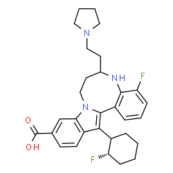 ChemSpider 2D Image | 4-Fluoro-14-[(2S)-2-fluorocyclohexyl]-6-[2-(1-pyrrolidinyl)ethyl]-5,6,7,8-tetrahydroindolo[1,2-e][1,5]benzodiazocine-11-carboxylic acid | C30H35F2N3O2