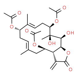 ChemSpider 2D Image | (3aR,4R,6E,9S,10E,13R,14R,15S,15aS)-14,15-Dihydroxy-6,10,14-trimethyl-3-methylene-2-oxo-2,3,3a,4,5,8,9,12,13,14,15,15a-dodecahydrocyclotetradeca[b]furan-4,9,13-triyl triacetate | C26H36O10