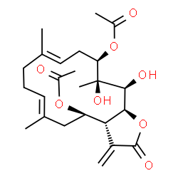 ChemSpider 2D Image | (3aR,4R,6E,10E,13R,14R,15S,15aS)-14,15-Dihydroxy-6,10,14-trimethyl-3-methylene-2-oxo-2,3,3a,4,5,8,9,12,13,14,15,15a-dodecahydrocyclotetradeca[b]furan-4,13-diyl diacetate | C24H34O8